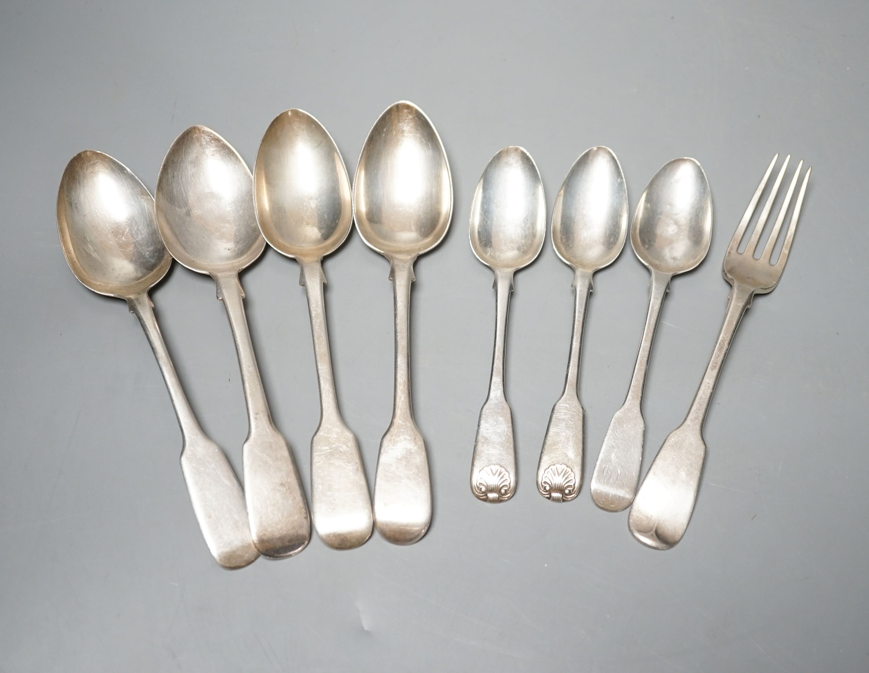 Eight assorted items of 19th century silver flatware, various, patterns, dates and makers, 8.5oz.